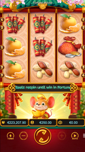 Tela original de Fortune Mouse com três rolos e botão de giro